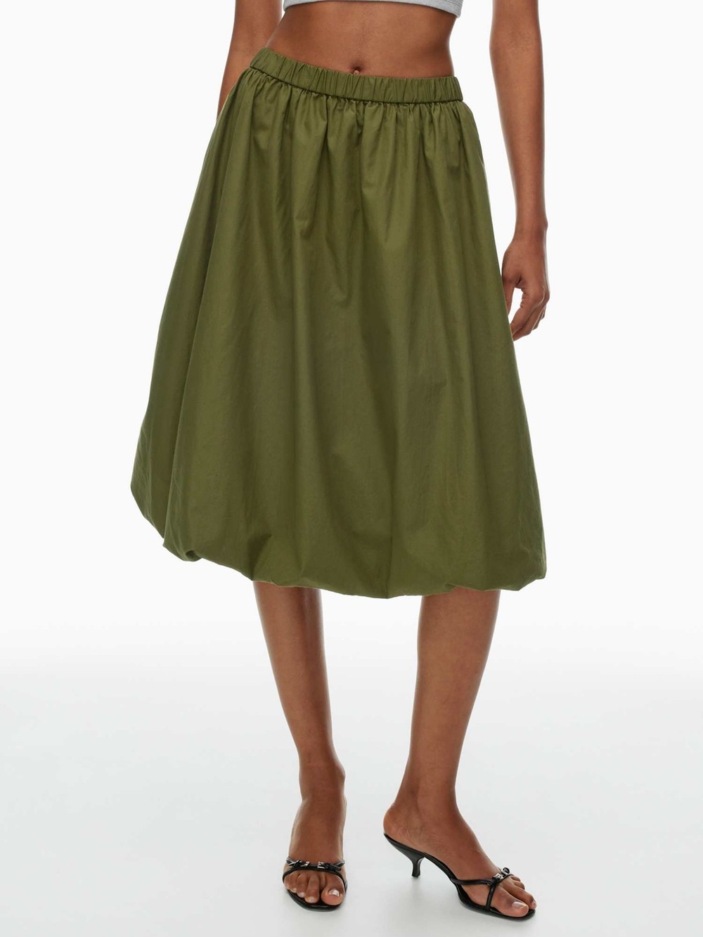 Aritzia Sunday Best Bubbly Poplin Bubble Hem Olive Green Gathered Midi Skirt - Picture 2 of 9